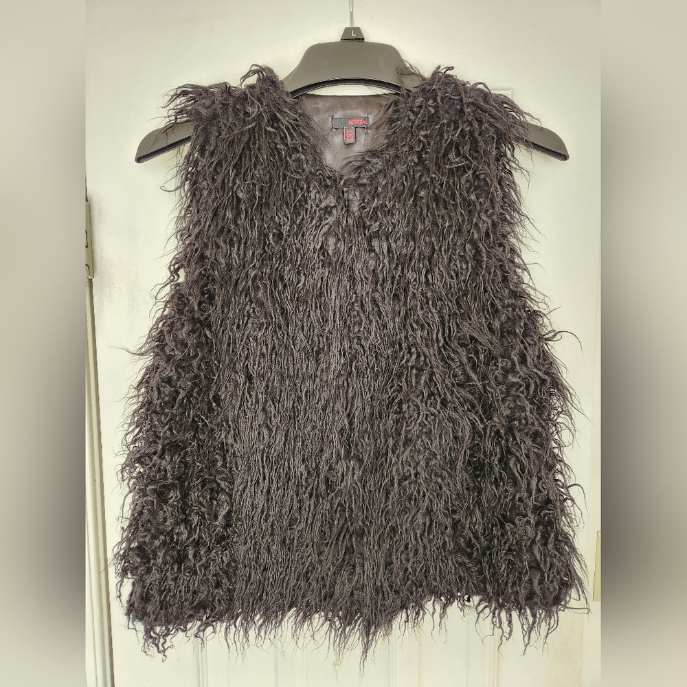 BONGO Black Shaggy Furry Vest -  Front Hook & Eye Closure - Size L